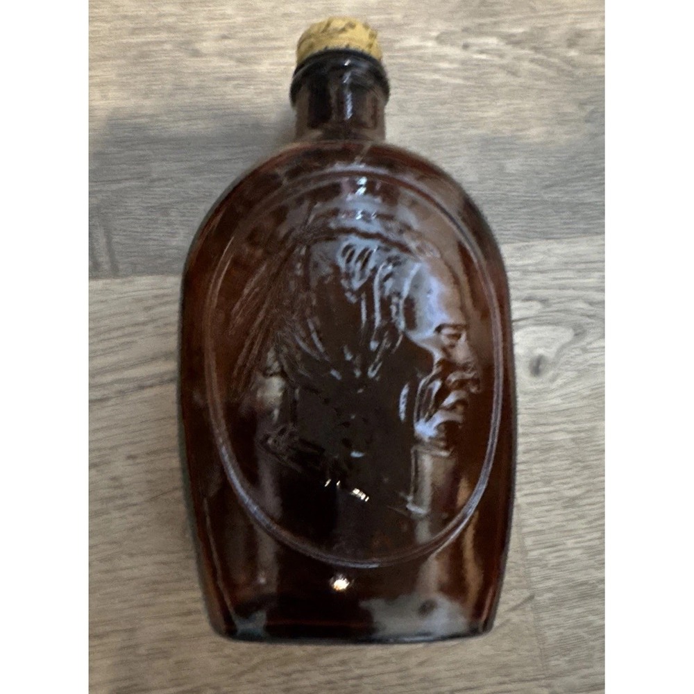 Vintage Log Cabin Syrup Bottle 10 oz 9 Inch Amber Glass Indian Head 1950s Cork